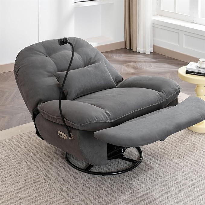 Power Recliner Sofa Chair 270 Degree Swivel Leisure Single Sofa with Button Control Wireless Speaker USB Ports Hidden Arm Storage Phone Holder for Living Room Grey Fabric (Without LED)