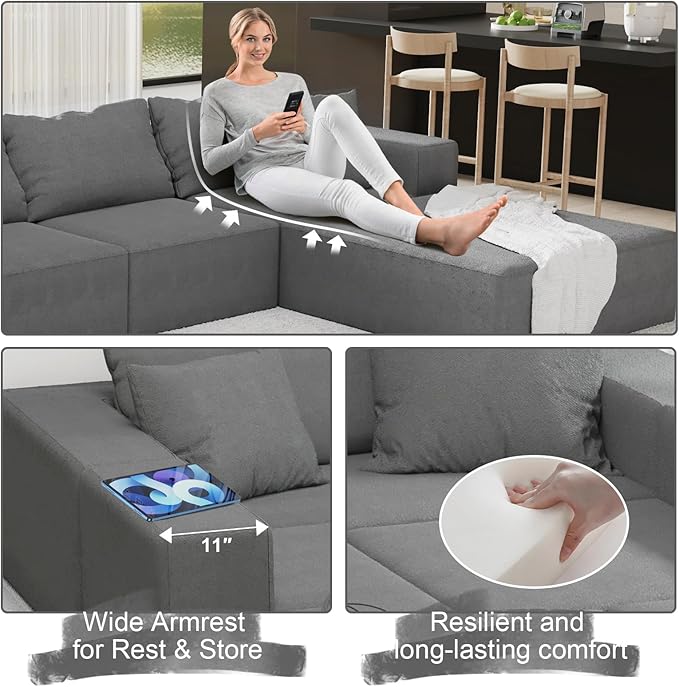 132'' Oversized Cloud Couch Upholstered Modular Sectional Sofa with 6 Pillows Deep Seat Chenille Couches for Living Room Modular Sectional Sofa Free Combination No Assembly Required (Gray)