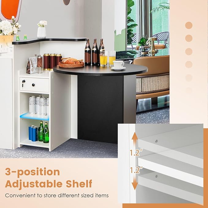 MAT EXPERT Reception Desk Front Desk with Open Shelves Lockable Drawer Round Tabletop Checkout Counter Retail Counter Computer Workstation for Office (White Cabinet &amp Black Desktop)