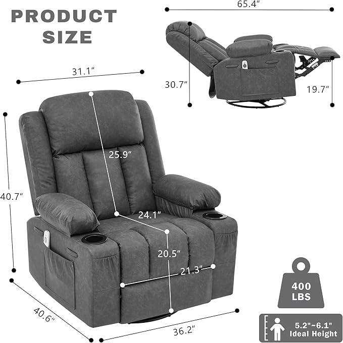 Rocker Recliner Chair with Heat and Massage360°Swivel Recliner Chair for Adults ElderlyOversized Recliner Single Sofa Seat with 2 Cup Holders and Side Pocket (Grey)