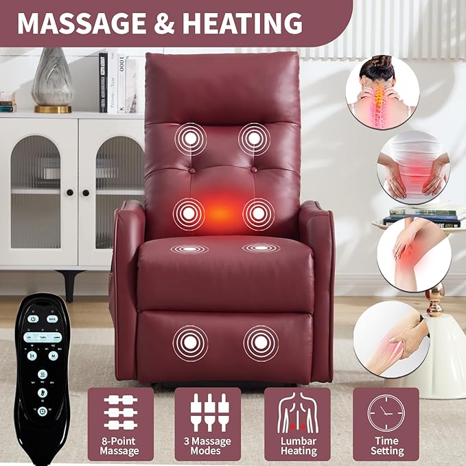 KEIKI Single Motor Power Lift Recliner Chair with Massage and Heat for Living Room Synthetic Leather Upholstery with USB Charging Port and Side Pockets for Seniors