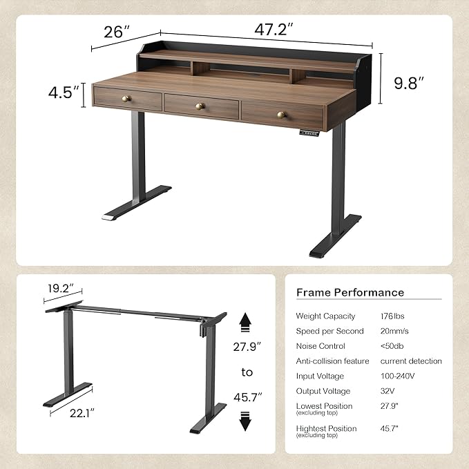 Home Office Standing Desk Set Fluted Cabinet with 3 Drawers and Door 47.2 x 26 Electric Stand Up Table with Storage Rolling Printer Stand on Wheels Mobile Black Walnut