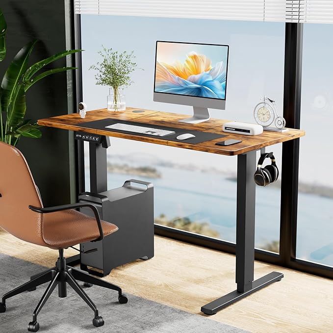 Electric Standing Desk Adjustable Height 63 x 24 Inch Sit and Stand Desk with 2 Hooks and Wire HolesHome Office Desk Ergonomic Workstation Computer DeskBrown