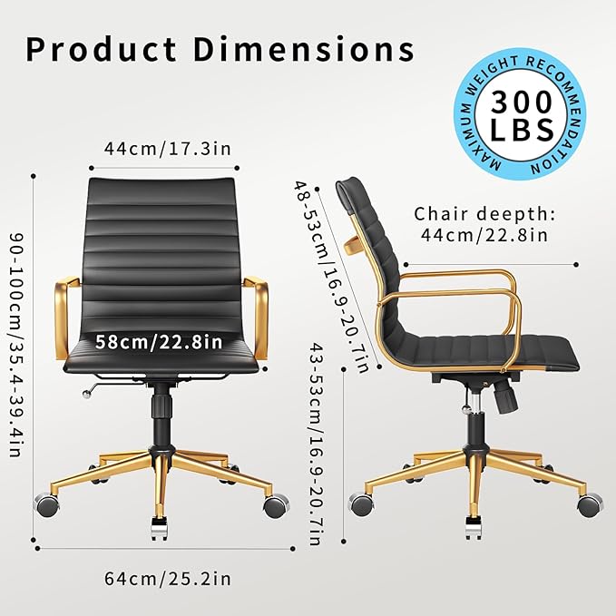 Ergonomic Desk Chair Computer Chairs with Armrests and Wheels Heavy Duty Wide Seat for Home Office Comfortable 22.83in Chair for Women and MenGold Black