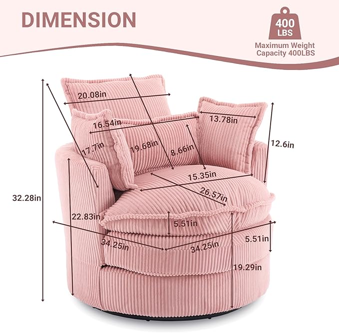 Karl home Swivel Barrel Chair-Corduroy360 Degree Modern Lounge Armchair ChairComfy Round Accent Single Sofa Chair with 3 Pillows for Living RoomBedroomLoungeHotelPink