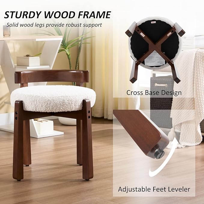 HEAH-YO Wood Vanity Chair with Back Set of 2 Sherpa Upholstered Small Ottoman Footstool Mid-Century Modern Makeup Chair with Solid Wood Legs for Makeup Room Bedroom Living Room White