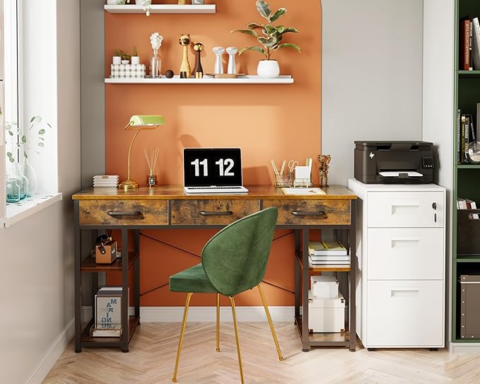 ODK Office Small Computer Desk: Home Table with Fabric Drawers &amp Storage Shelves Modern Writing Desk Vintage 48x16