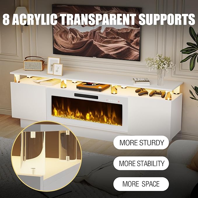 70 Modern Fireplace TV Stand with 36 Electric Fireplace for TVs Up to 80 inch Luxury LED Light Entertainment Center with High Gloss Cabinet (White with White Fireplace 70 (8 Acrylic Posts))