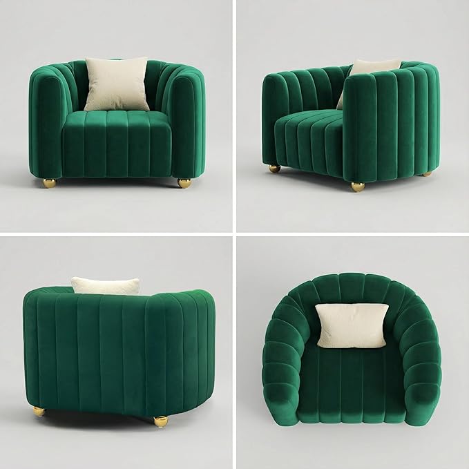 Modern Velvet Sofa Couch for Living Room 42 Comfy Upholstered Sofa Chair with Gold Metal Legs &amp Pillow Luxury Sectional Armchair Sofa for Bedroom Office Apartment (Green 1 Seater)