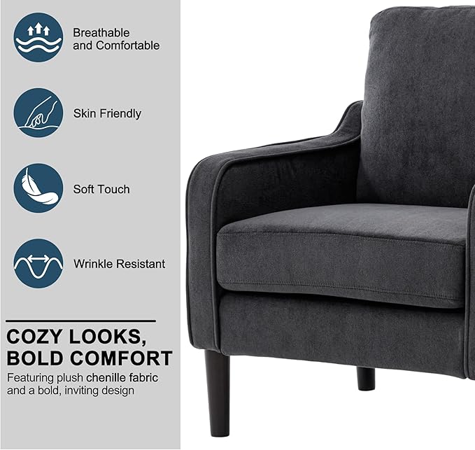 Grey Accent Chair Set of 2 - Upholstered Armchair with Side Pockets Comfy Living Room Arm Chair Reading Accent Chairs for Bedroom Living Room Apartment Office