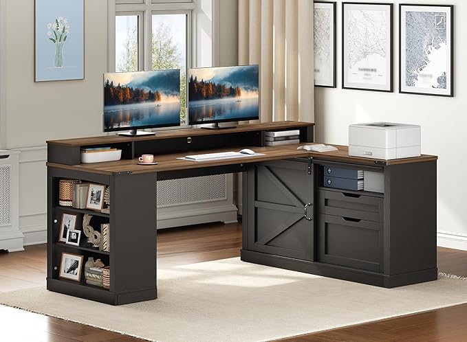 Farmhouse L Shaped Desk with Drawers 53 Inch Executive Desk with File Cabinet and Monitor Stand Wooden Corner Computer Desk with Power Strip for Home Office Work and Study Black and Walnut
