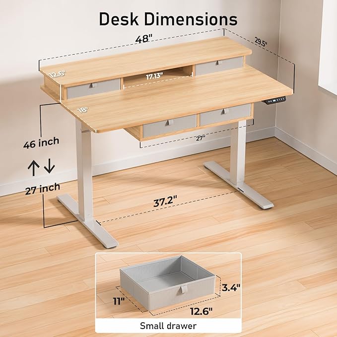 Electric Standing Desk 48 * 30 Inches Adjustable Height with 4 Drawers Double Storage Shelves Home Office Workstation Sit Stand up Desk (Nature)