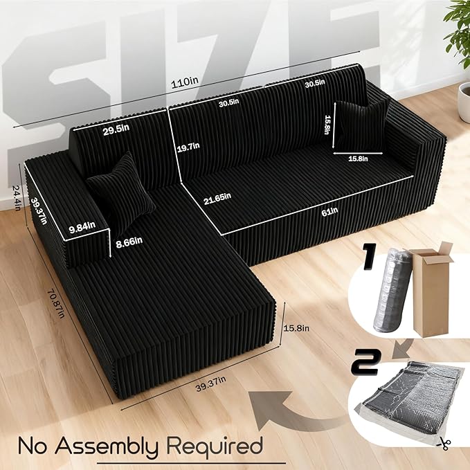 110 Boneless Couch Cloud Modular Sectional Sofa with L-Shape Chaise Modern Upholstered Couches for Living Room Bedroom No Assembly Required (Black 110 Left Facing Chaise+2 Seaters)