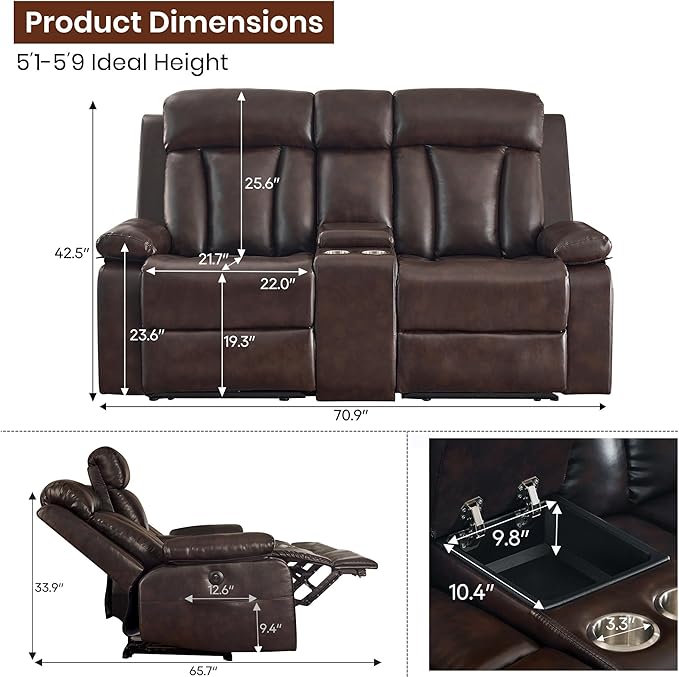 Power Reclining Loveseat with Console 70.9 Faux Leather Loveseat Recliner with Heat &amp Massage Double RV Recliner Sofa with Cup Holders USB &amp Type-C Ports Storage Pocket