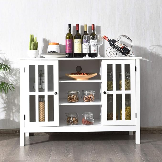 Tangkula White TV Stand Modern Tall Entertainment Center for TVs up to 50 Media Console w/2 Storage Cabinets &amp 3 Open Shelves Wire Hole Wood TV Console Table for Living Room White