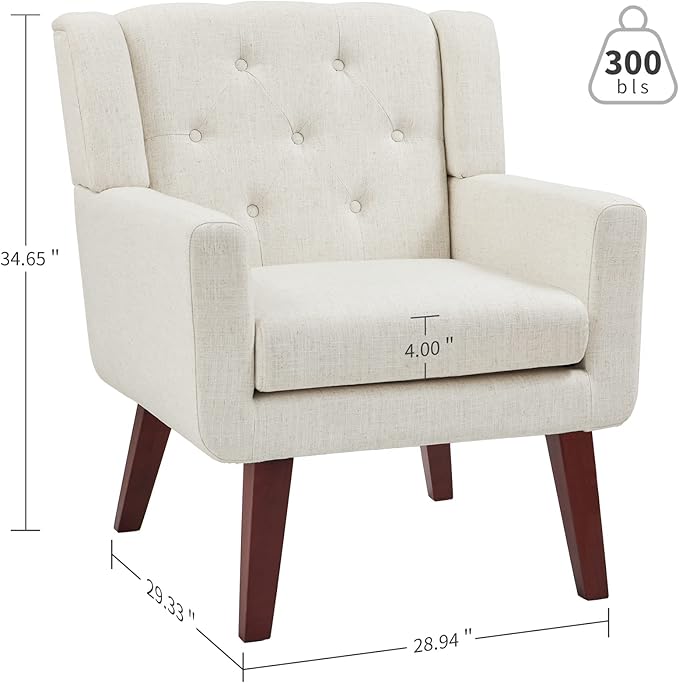 Living&ampGiving Accent Chair Button-Tufted Upholstered Living Room Chairs Comfy Reading Mid Century Modern with Linen Fabric Lounge Arm for Bedroom (Beige) 29.33D x 28.94W x 34.65H Inch