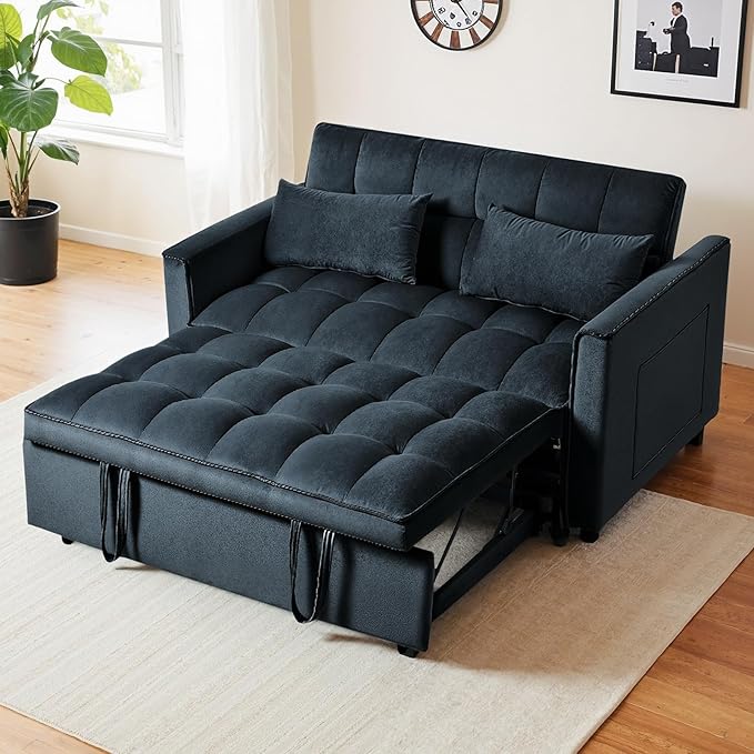 3 in 1 Sleeper Sofa Bed Pull Out Couch Convertible Futon Loveseat with krest Dinotefuran Living Room Chaise Lounr Home Apartment Office Black