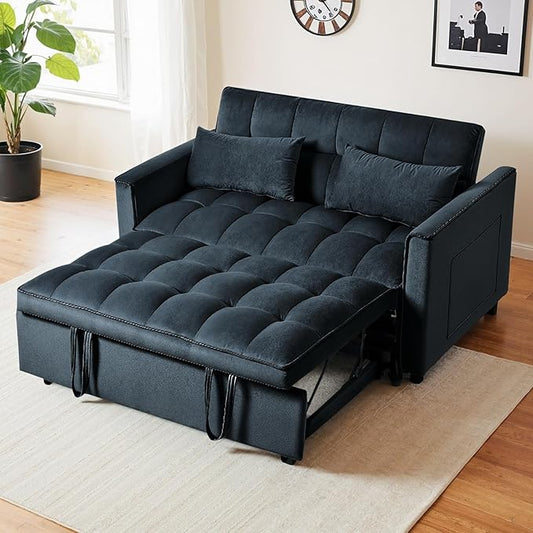 3 in 1 Sleeper Sofa Bed Pull Out Couch Convertible Futon Loveseat with krest Dinotefuran Living Room Chaise Lounr Home Apartment Office Black