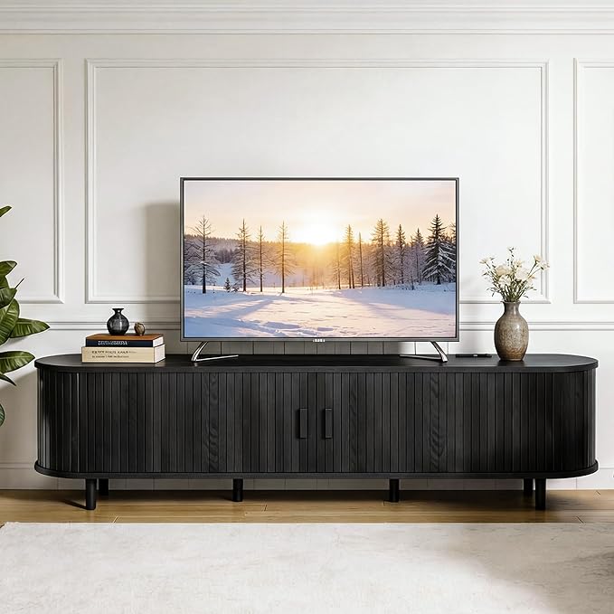 70 Mid Century Modern TV Stand Wood TV Consoles with Sliding Doors and Power Outlet Fluted Entertainment Center with Adjustable Shelves Media Console for Living Room Black