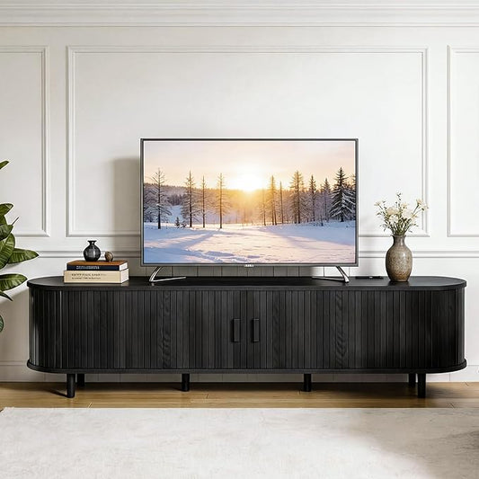 70 Mid Century Modern TV Stand Wood TV Consoles with Sliding Doors and Power Outlet Fluted Entertainment Center with Adjustable Shelves Media Console for Living Room Black