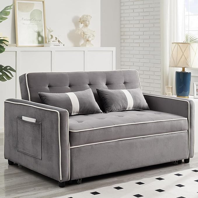 Convertible Velvet Sofa Bed with Pull-Out Bed &amp Side Storage Pockets Modern Sleeper Sofa for Living Room Apartment Small Spaces and Bedroom (Grey-1)