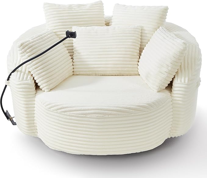 360° Swivel Accent Chair with 5 Throw Pillows Adjustable Phone Holder Corduroy Fabric Round Sofa Chair Barrel Chair with Semi-Wraparound Design for Living Room Office and Hotel (Beige1)