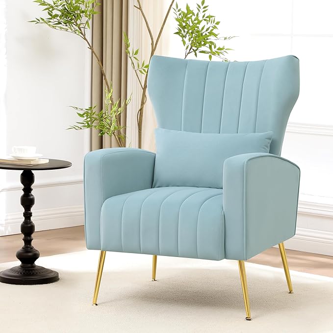 Modern Accent Chair Upholstered Living Room ChairHigh Back Arm Chair with Metal Legs Lumbar Reading Chair for Bedroom Apartment Small Spaces Sky Blue