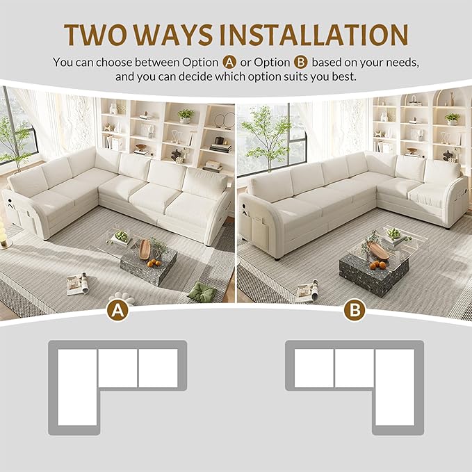 GNIXUU 115.2 L Shaped Couch with Pull Out Bed Convertible Sectional Sleeper Sofa with USB Port &amp Side Pockets 6 Seat Oversized Modular Teddy Cloud Couches for Living Room Apartment Beige