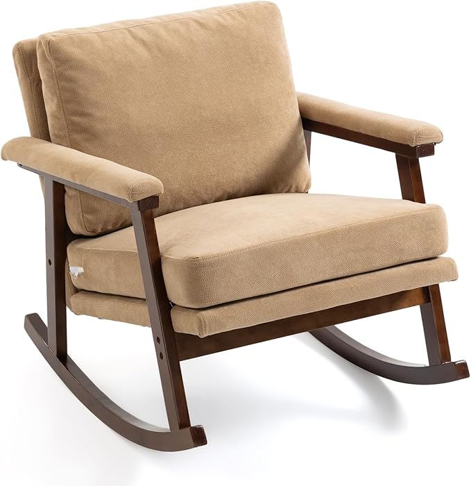 Rocking Chair for Nursery Living Room &amp Bedroom Upholstered Accent Chair with Solid Rubberwood Frame Cozy Reading Chair for Small Spaces (Khaki)