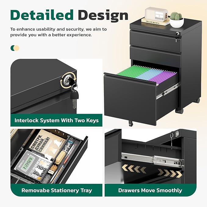 Greenvelly 3 Drawer Mobile File Cabinet with Lock Metal Filing Cabinet on Wheels Under Desk File Cabinet for Home Office Organizer Letter/Legal/A4 File (Assembly Required Black)