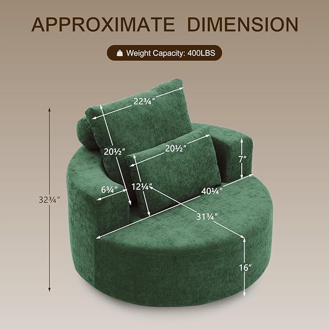 Furnimart 40 Oversized Barrel Accent Chair Set of 2 360° Swivel Round Upholstered Sofa Chenille High-Resilience Sponge No Assembly Wide Seat for Living Room Bedroom Apartment (Green)