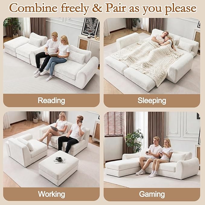105” Modular Sectional Sofa Convertible Sofa BedTransforms into Single or Double Sofa Chenille Fabric Cloud SofaModern Soft Boneless Comfort No Assembly Required White