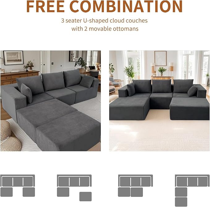 Cloud Sectional Couch 110 Inch Modern Modular Sectional U-Shaped Chenille Cloud Sofa with 2 Movable Ottomans Deep Seat Boneless Upholstered Couches for Living RoomNo Assembly RequiredGrey