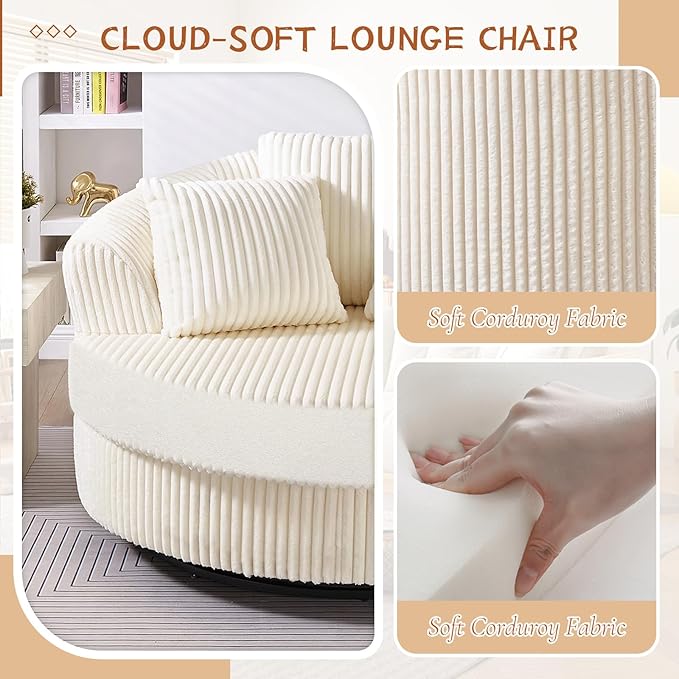 360 Degree Oversized Swivel Chair 50 Round Lounge Chair Modern Accent Circle Chair W/ 5 Pillows Upholstered Corduroy Sofa Chair for Living Room Bedroom Apartment Beige