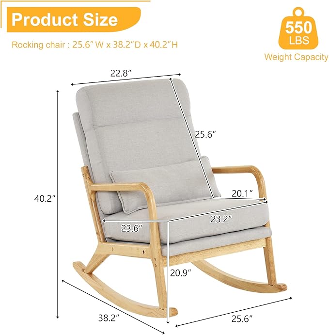 Rocking Chair Nursery Glider Rocker Convertible Rocking Armchair to Accent Chair Mid-Century Modern Chair with Lumbar Pillow for Bedroom Living Room Nursery Light Gray