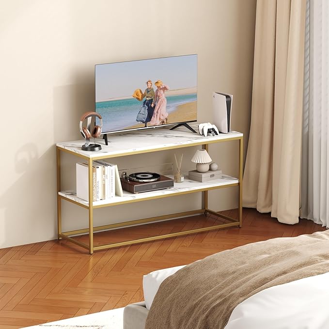 Function Home TV Stand for TVs up to 50 Inch 2 Tier Entertainment Center Modern TV Cabinet with Marble Top and Gold Metal Base 42 Media Console Table with Storage for Living Room Bedroom