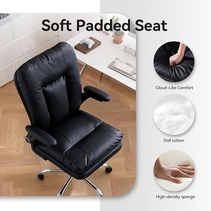 LEAGOO Comfy Office Chair with Padded Flip-up Arms Mid Back Executive Ergonomic Desk Chairs Faux Leather Computer Rolling Chair with Wheels for Home Adjustable Height 360 Swivel 300lbs Black