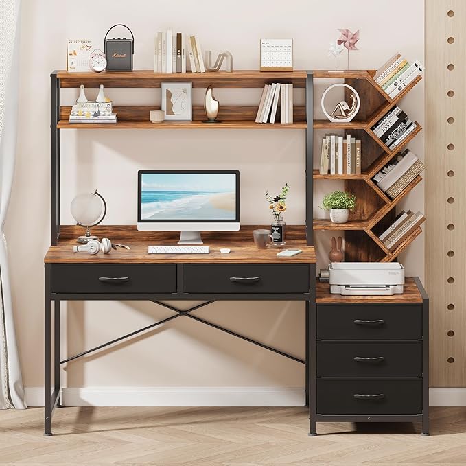 Reversible Computer Desk with Hutch Home Office Desk with 5 Drawers and Bookshelf 52'' Study Writing Desk with Storage Shelves for Bedroom Home Office Rustic Brown