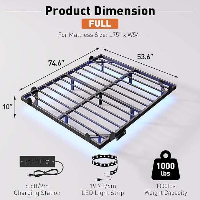 Floating Bed Frame with LED Lights and Charging Station 10 Inch Floating Bed Frame Full Metal Platform Full Bed No Box Spring Needed Easy to Assemble