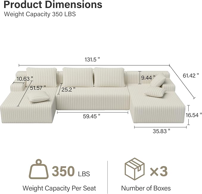 LAUSAINT HOME 132 Modular Sectional Sofa Couches U-Shaped Boneless Cloud Sofa with 4 Deep Seat 6 Cushiones Oversized Chaise for Living Room Bedroom Plush Corduroy Fabric (U Shaped Sofa Beige)