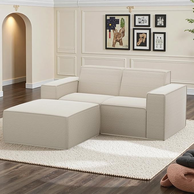 Cozy Castle 71 Loveseat Sofa L Shaped Comfy Corduroy Boneless Couch with Deep Seat and Ottoman Chaise Cloud Sofa Upholstered Couches for Living Room Bedroom No Assembly Required (Beige)