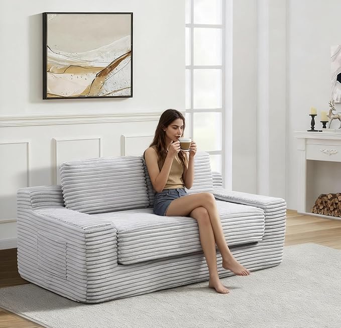 Loveseat Cloud Boneless Couch Upholstered Floor Sofa with Armrests 2-in-1 Convertible Corduroy Couch Bed for Living Room Apartment Grey