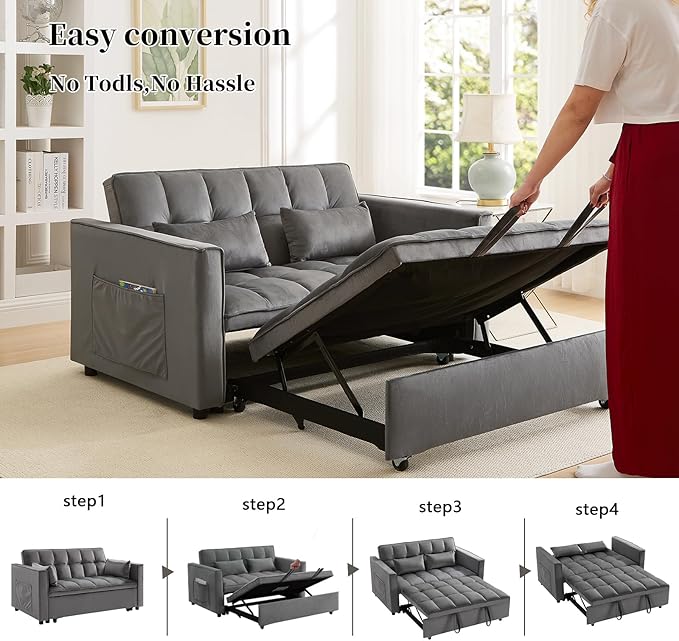 54'' 3 in 1 Convertible Sleeper Sofa Bed Futon Couches Bed for Living Room with Side Pocket | Adjustable Backrest| Velvet Fabric | Pull Out Couch | Love Seat Sofa Grey