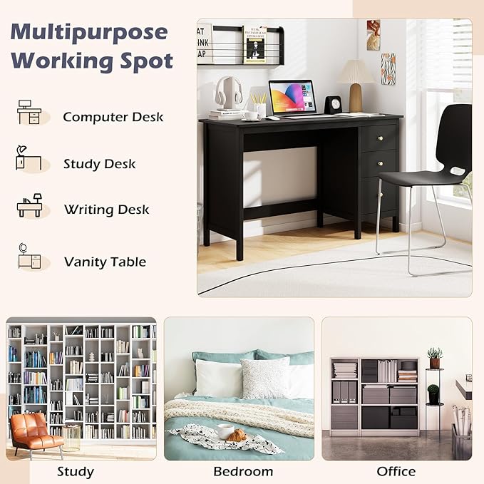 POWERSTONE Computer Desk with 3 Drawers 48x20 Storage Office Desk for Home Office Bedroom Large Study Writing Desk Workstation (Black)