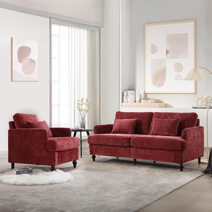 KINFFICT Modern Accent Chair for Living Room Upholstered Single Sofa Chair with Lumbar Pillow Comfy Armchair with Thickened Cushion Living Room Chairs for Bedroom Office Red Chenille