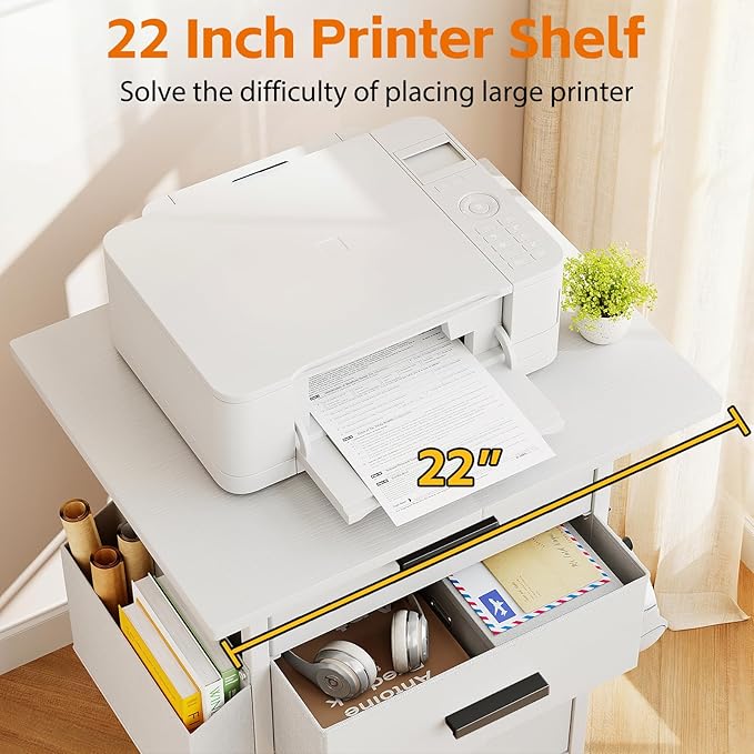 Mexin 3 Drawer File Cabinet with 24'' Extended Desktop Mobile Filing Cabinet Printer Stand Rolling Printer Stand with Side Bag Fabric Drawer Fits A4 Size Home Office White