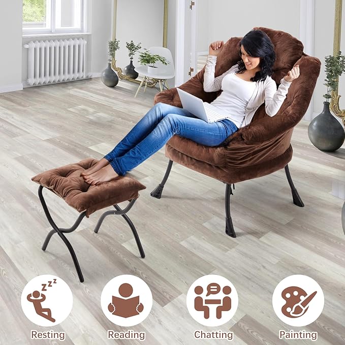Lazy Chair with Folding OttomanLeisure Sofa ChairSoft Fabric Armchair with Armrests and Side Pockets Reading Chair with Footrest for Living Room Bedroom Office (Plush Dark Brown)