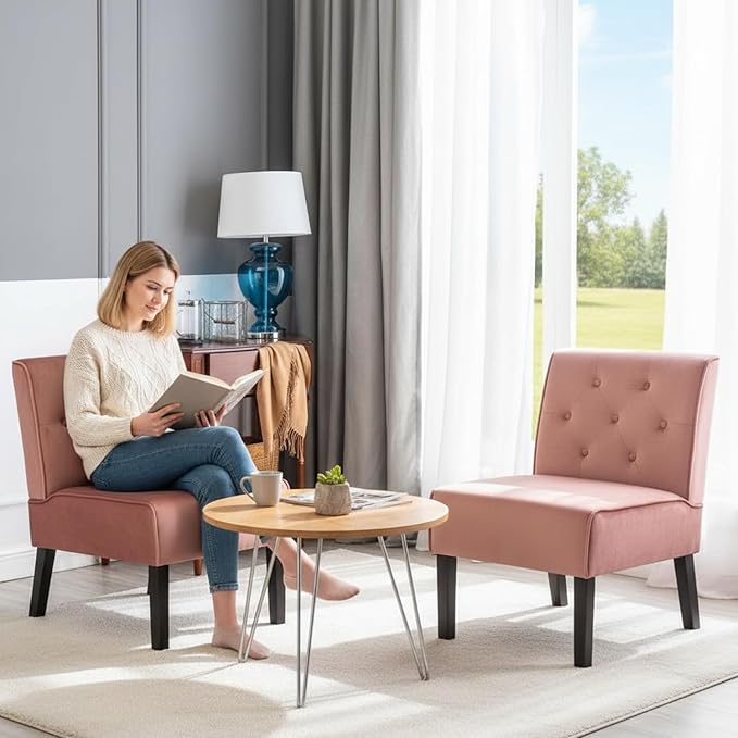 Reeso 2-Piece Living Room Armless Button Tufted Pattern Accent Chair Rose