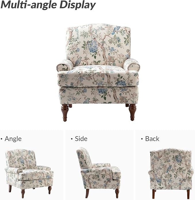 HULALA HOME Accent Chair with Solid Legs &amp Removable Cushion Blue Floral Comfy Upholstered Armchair Leisure Single Sofa Chair for Living Room Bedroom