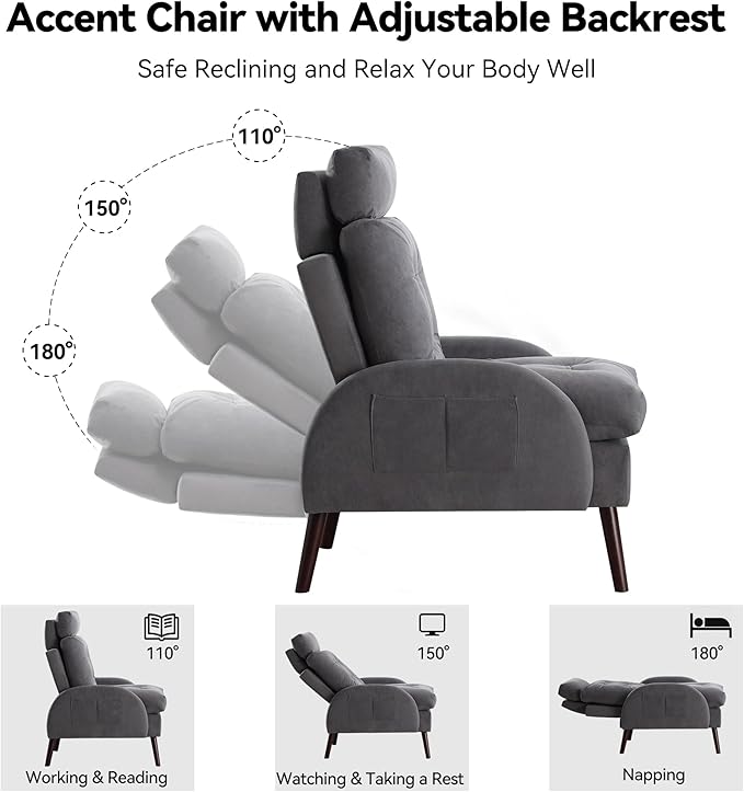 Chair with Ottoman SetAccent Chair with Ottoman Storage and Adjustable BackrestComfy Reading Lazy Lounge Chair and Ottoman with Side Pocket for Living RoomBedroomVelvet Dark Grey
